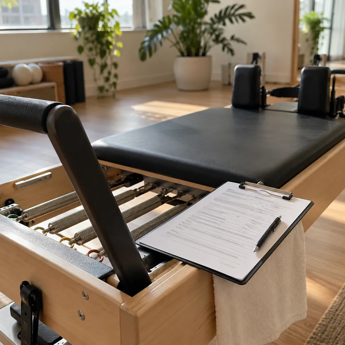 Prancheta com ficha apoiada num aparelho de pilates, em estúdio claro. Imagem ilustrativa.