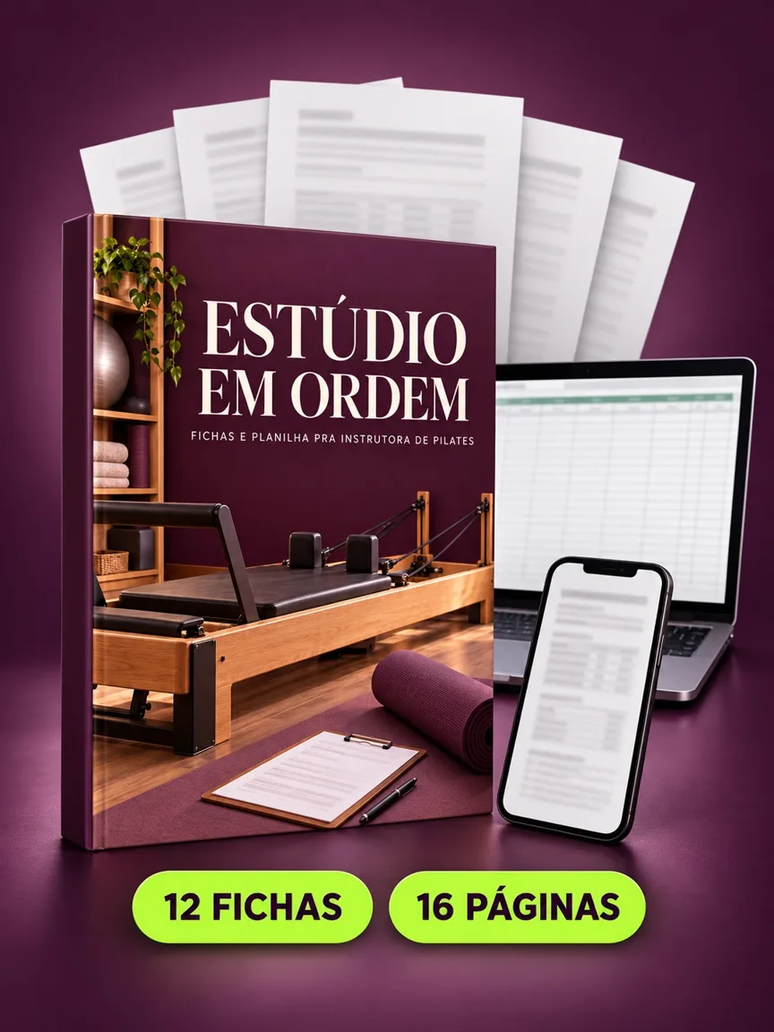 Montagem ilustrativa do Estúdio em Ordem: livro com a capa, páginas do material e celular