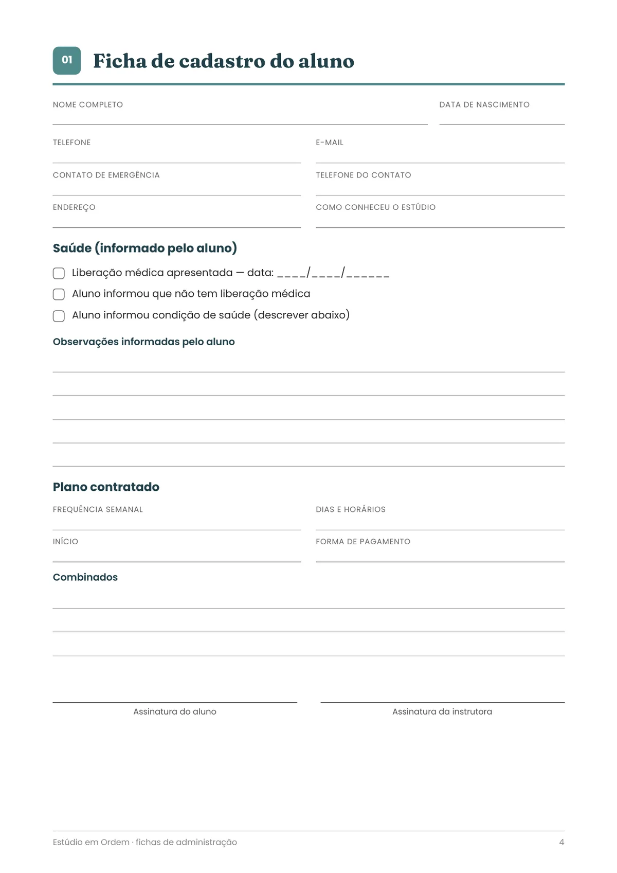 Página real do PDF Estúdio em Ordem: ficha de cadastro do aluno