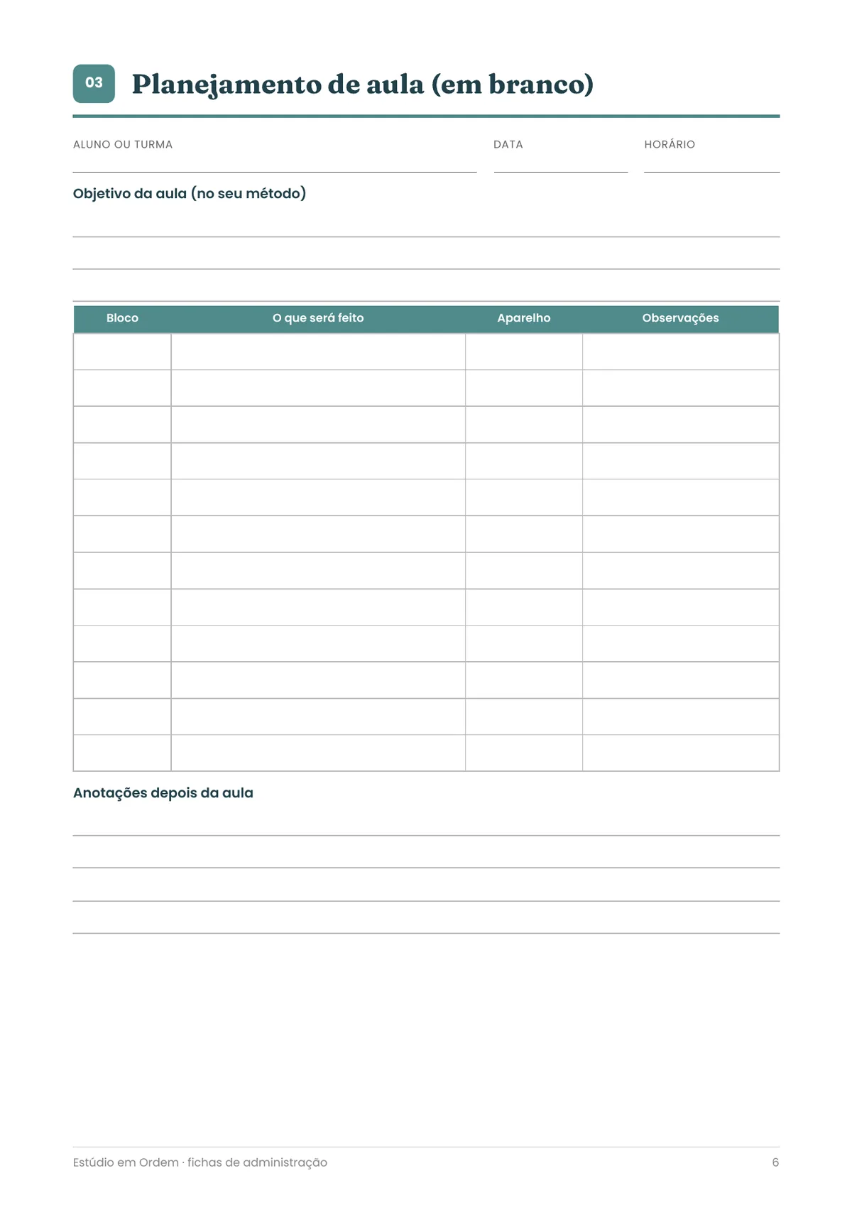 Página real do PDF Estúdio em Ordem: planejamento de aula em branco